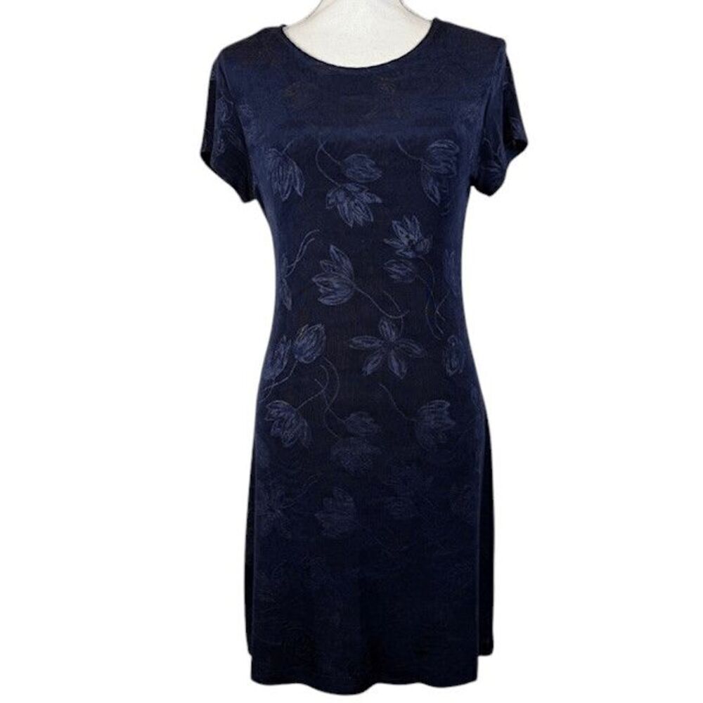 Betsy & Adam Vintage Pullover Sheath Dress Navy Blue Laser Floral‎ Design Size 8